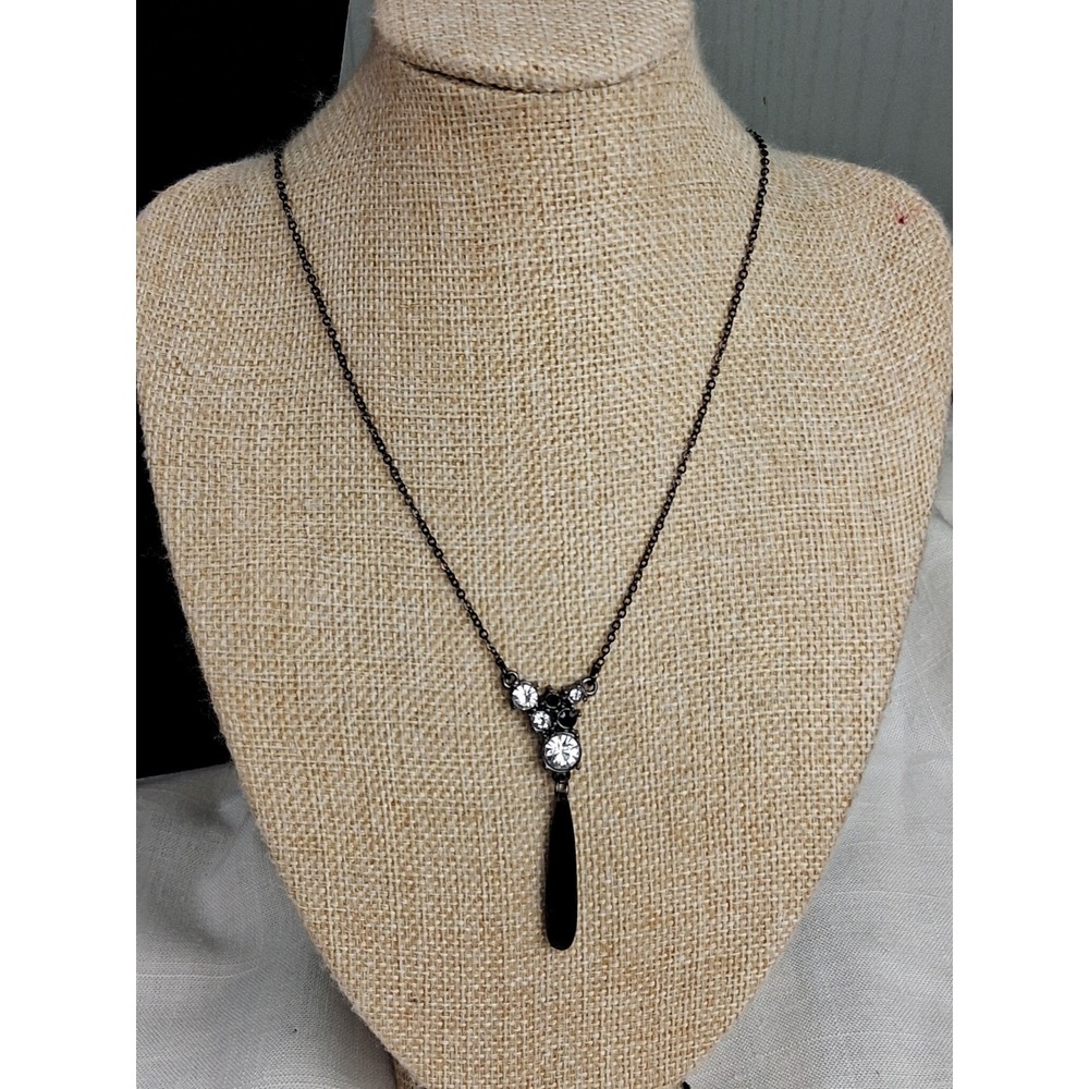 Vintage SAQ Avon Black Rhinestone Teardrop Pendant Necklace 80s Fairy Evening‎